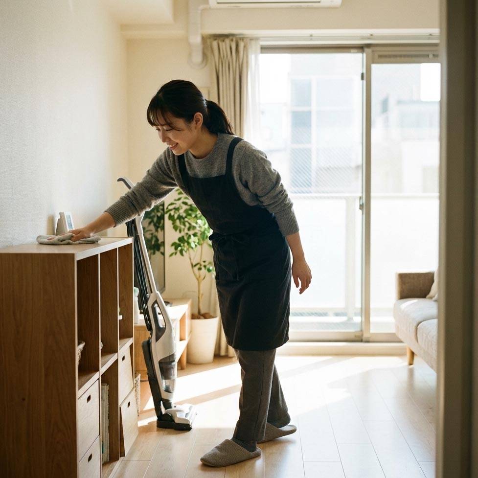丁寧に掃除するスタッフ。家事掃除代行のイメージ